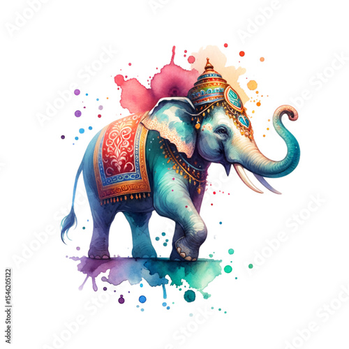 Regal Elephant Watercolor: A majestic elephant, adorned with intricate traditional ornaments and vibrant watercolor, stands tall, exuding grace and cultural richness. 