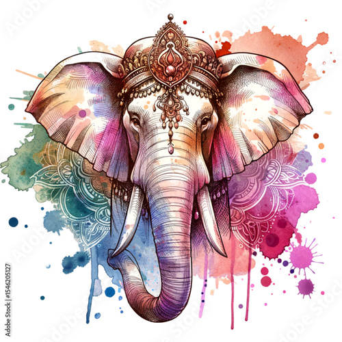 Watercolor Elephant Portrait with Ornate Headdress: A majestic elephant adorned with a jeweled headdress in vibrant watercolor art.