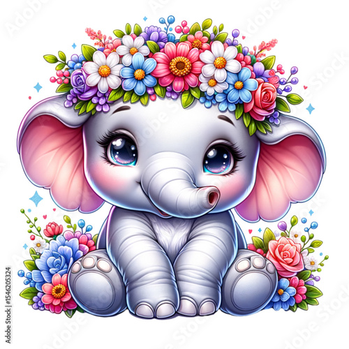 Floral Fantasy: An adorable illustration of a charming baby elephant adorned with a vibrant floral crown, set against a soft, inviting background.