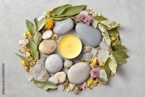 Midsummer Altar Featuring Stones, Leaves, and Dried Flowers for Seasonal Celebration