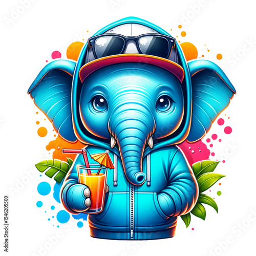 Cool Blue Elephant with Drink: A vibrant and stylish cartoon depiction of a cool blue elephant, sporting a cap and sunglasses, leisurely holding a refreshing beverage.