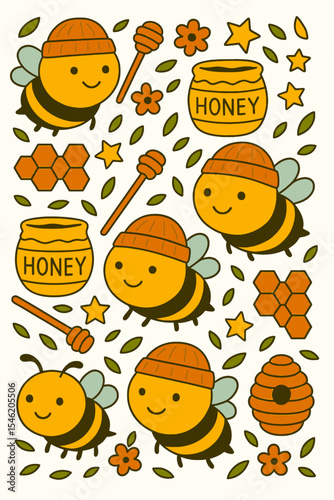 Cute bees wearing hats, honey, flowers and honeycombs and stars seamless colorful scribble cartoon pattern. Ready pattern examples in vector color swatch panel. Can be used for interior wallpaper, wra
