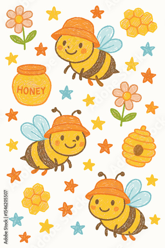 Cute bees wearing hats, honey, flowers and honeycombs and stars seamless colorful scribble cartoon pattern. Ready pattern examples in vector color swatch panel. Can be used for interior wallpaper, wra