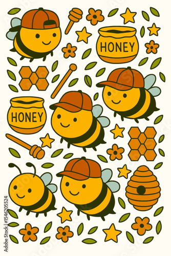 Cute bees wearing hats, honey, flowers and honeycombs and stars seamless colorful scribble cartoon pattern. Ready pattern examples in vector color swatch panel. Can be used for interior wallpaper, wra