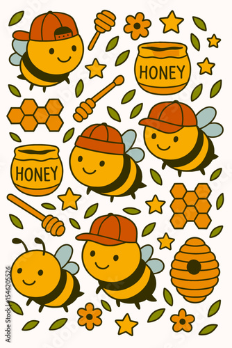 Cute bees wearing hats, honey, flowers and honeycombs and stars seamless colorful scribble cartoon pattern. Ready pattern examples in vector color swatch panel. Can be used for interior wallpaper, wra