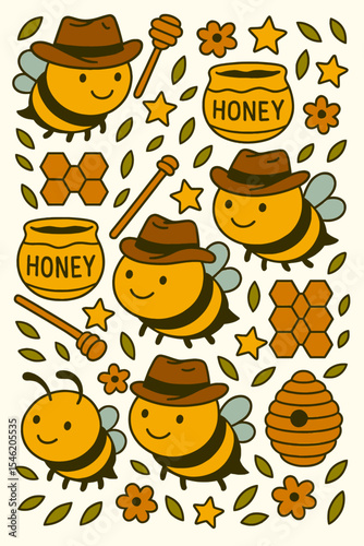 Cute bees wearing hats, honey, flowers and honeycombs and stars seamless colorful scribble cartoon pattern. Ready pattern examples in vector color swatch panel. Can be used for interior wallpaper, wra