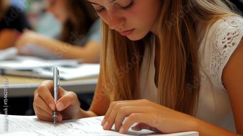 Close-up of a girl student writing in a notebook sitting at a desk