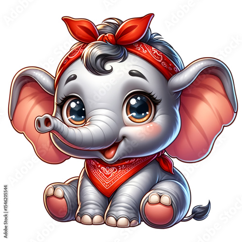 Cute Elephant Illustration: A charming illustration of a baby elephant with a cute red bandana, exuding charm and joy, its endearing features bring a sense of delight and cheer.