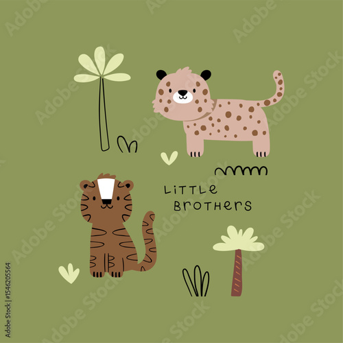textile print design with cute leopard and tiger cartoon drawing as vector