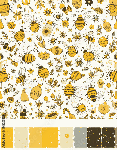 Cute bees wearing hats, honey, flowers and honeycombs and stars seamless colorful scribble cartoon pattern. Ready pattern examples in vector color swatch panel. Can be used for interior wallpaper, wra