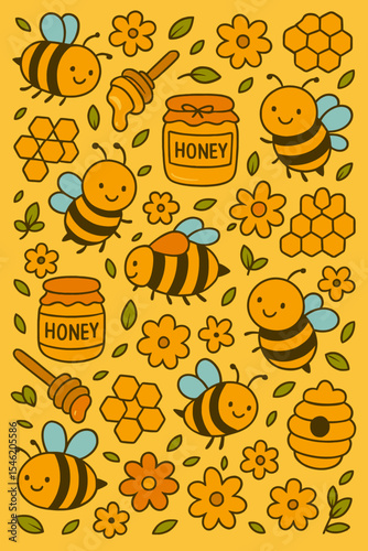 Cute bees wearing hats, honey, flowers and honeycombs and stars seamless colorful scribble cartoon pattern. Ready pattern examples in vector color swatch panel. Can be used for interior wallpaper, wra