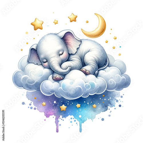 Dreamy Slumber: A serene illustration of a baby elephant sleeping peacefully atop a fluffy cloud, surrounded by stars and a crescent moon. Capturing the essence of dreams and bedtime tranquility.
