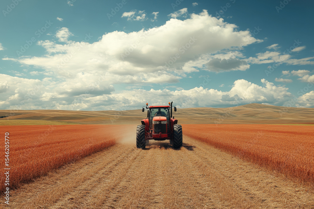 Naklejka premium Tractor driving through wheat field.