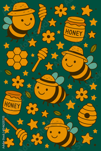 Cute bees wearing hats, honey, flowers and honeycombs and stars seamless colorful scribble cartoon pattern. Ready pattern examples in vector color swatch panel. Can be used for interior wallpaper, wra