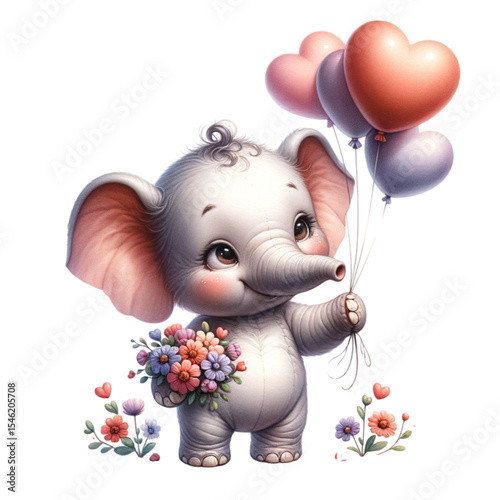 Dreamy Day: A whimsical illustration of a cheerful baby elephant, clutching heart-shaped balloons and a bouquet of vibrant flowers, evoking feelings of joy, celebration, and affection. 
