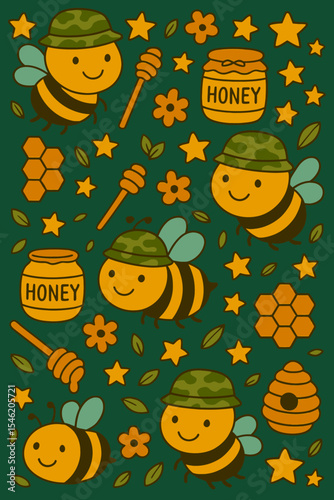 Cute bees wearing hats, honey, flowers and honeycombs and stars seamless colorful scribble cartoon pattern. Ready pattern examples in vector color swatch panel. Can be used for interior wallpaper, wra