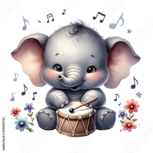 Musical Elephant's Rhythmic Melody: This adorable illustration features a charming baby elephant, engrossed in the act of drumming with playful musical notes and floral accents.