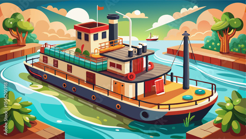 Colorful riverboat with deck chairs and smokestacks cruising through a lush, winding waterway surrounded by nature