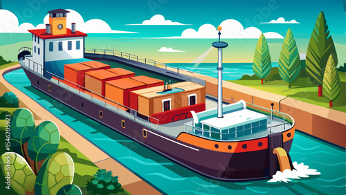 Cargo ship sailing through a narrow canal with colorful containers and green landscape under a bright sky