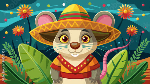 Cute cartoon mouse in traditional Mexican outfit and sombrero standing among tropical leaves and flowers with festive background
