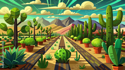 Cactus garden with various succulents in pots, desert landscape, distant mountains and dramatic sky in vibrant colors