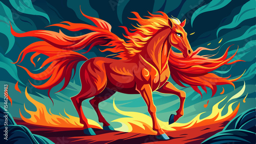 Fiery red horse with blazing mane and tail standing in flames against a dramatic swirling background