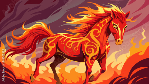 Mythical red fiery horse with glowing mane and decorative patterns standing in swirling flames and smoke