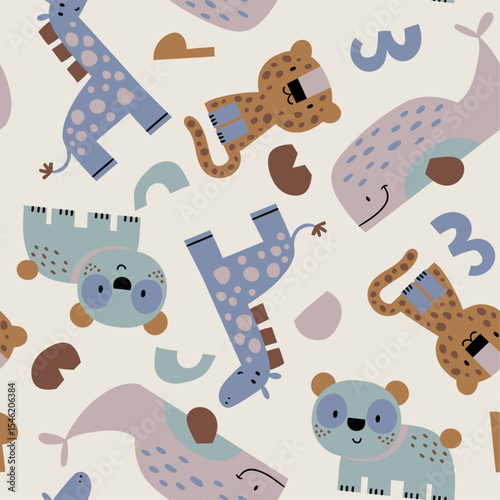 pattern design as vector with cute geometric safari animals drawing