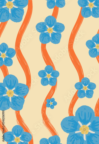 Poster with natural blue flower motif on yellow canvas with additional orange straight lines, trendy vintage style, suitable for summer days, used as greeting card decoration, display in a comfortable