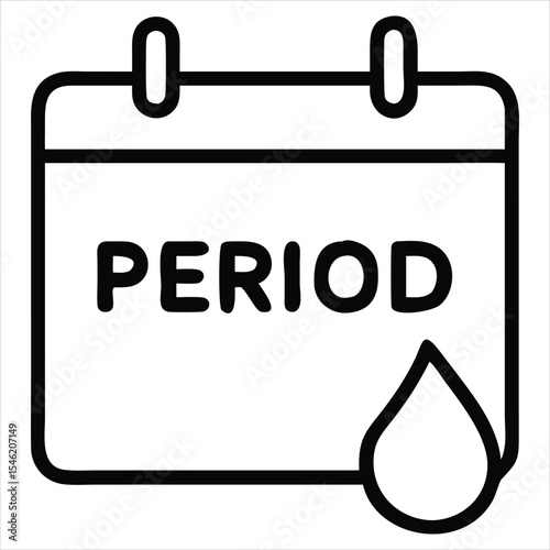 Calendar icon with period text and blood drop isolated on a white background. Designed for use in health apps, period trackers, menstrual and hormonal health, educational materials, medical info