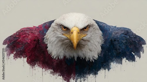 Ten majestic bald eagles with wings displaying american flag colors in watercolor style