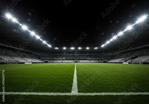 Soccer match under stadium lights on a green field.
