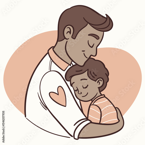 Illustration of a father embracing his son with a heart on his sleeve in a loving and tender moment