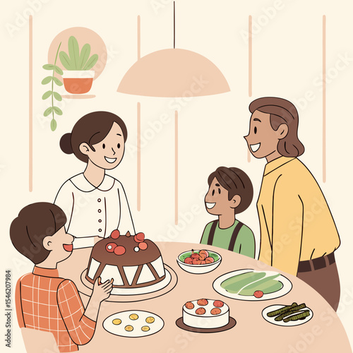A family of four is gathered around a table with desserts and vegetables in a brightly lit room