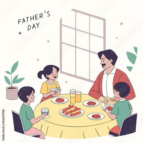 Father and children at a round table celebrating father's day with food and drinks in a cozy home setting
