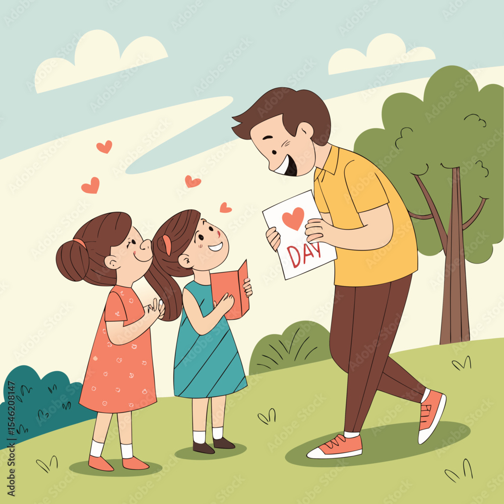 Two daughters giving a father a card with a heart on it in a park on a sunny day with some clouds above Two daughters giving a father a card with a heart on it in a park on a sunny day with some clouds above