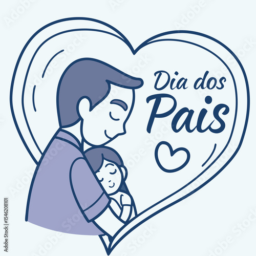 Illustration of father hugging daughter inside a heart with the words dia dos pais in blue color