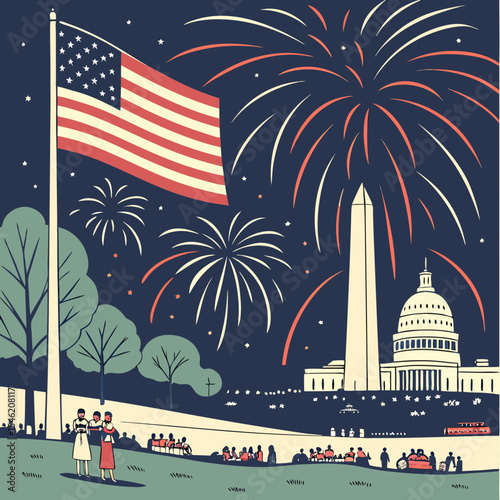 Illustration of fourth of july celebration with fireworks and american flag in washington dc