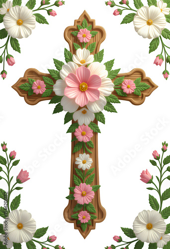 Floral Cross on Transparent, Pink Blooms, Elegant Graphic