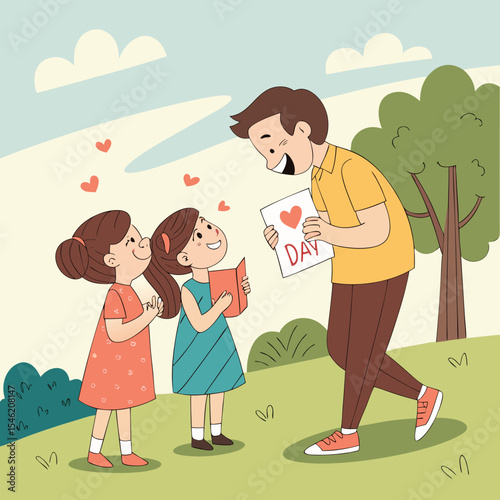 Two daughters giving a father a card with a heart on it in a park on a sunny day with some clouds above