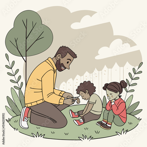 A father cutting his son's hair while his daughter watches in a backyard setting with a tree and fence