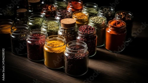 Variety of Spices in Glass Jars on Dark Wood