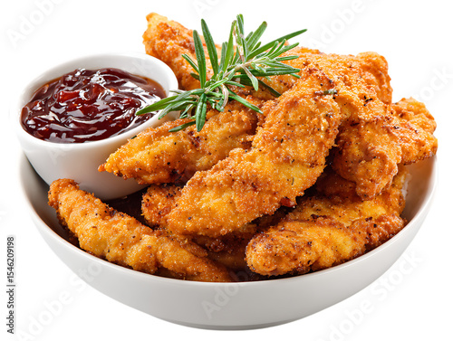 Crispy tender chicken strips on stylish white plate