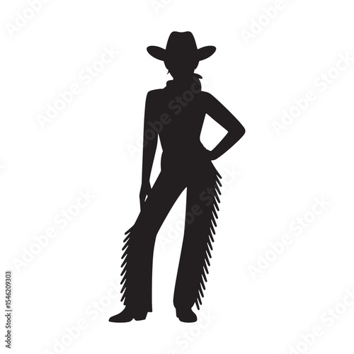 Cowgirl silhouette icon wearing hat and fringed chaps, western rodeo woman graphic isolated on white background.