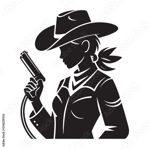 Cowgirl silhouette icon wearing hat and fringed chaps, western rodeo woman graphic isolated on white background.