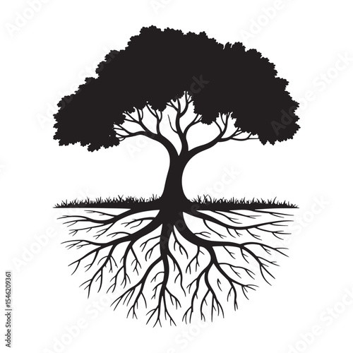 Tree with roots silhouette icon, nature plant graphic symbol of life, growth and strength isolated on white background.