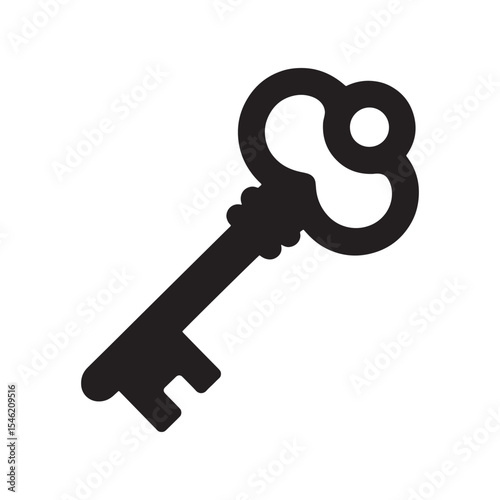 Vintage key silhouette icon, antique ornate lock tool symbol graphic illustration isolated on white background.