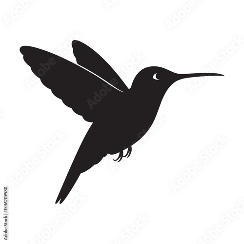 Hummingbird silhouette icon with open wings in flight, tropical bird graphic isolated on white background.