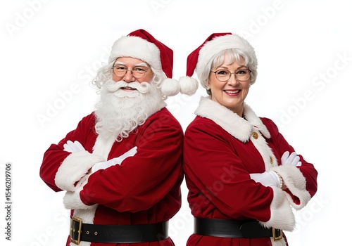 Classic Santa Claus and Mrs. Claus Standing Together in Traditional Red Outfits for Festive Christmas Holiday, Unity, and Cheerful Celebration Concepts