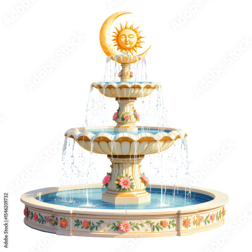 Golden Fountain on Transparent, Whimsical Design Element